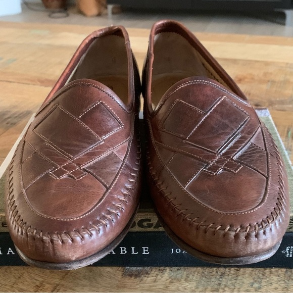 Santoni Mens Leather Interwoven Design almond toe Brown loafers Size 10 main image 4
